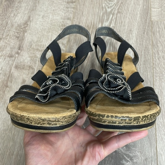 Rieker Antistress Black Leather Strappy Wedge Sandal Zipper Rosette 41 (US 9) - Picture 14 of 16